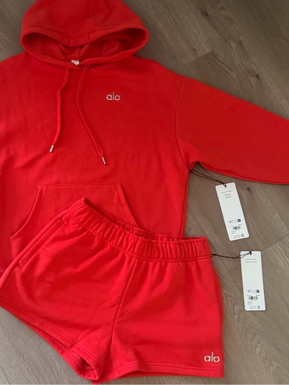 ALO Yoga Women's Red Crewneck Hoodie Sweatshirt and Shorts